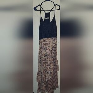 Bloho Floral Patterned Spaghetti Strap Dress with Lace Top